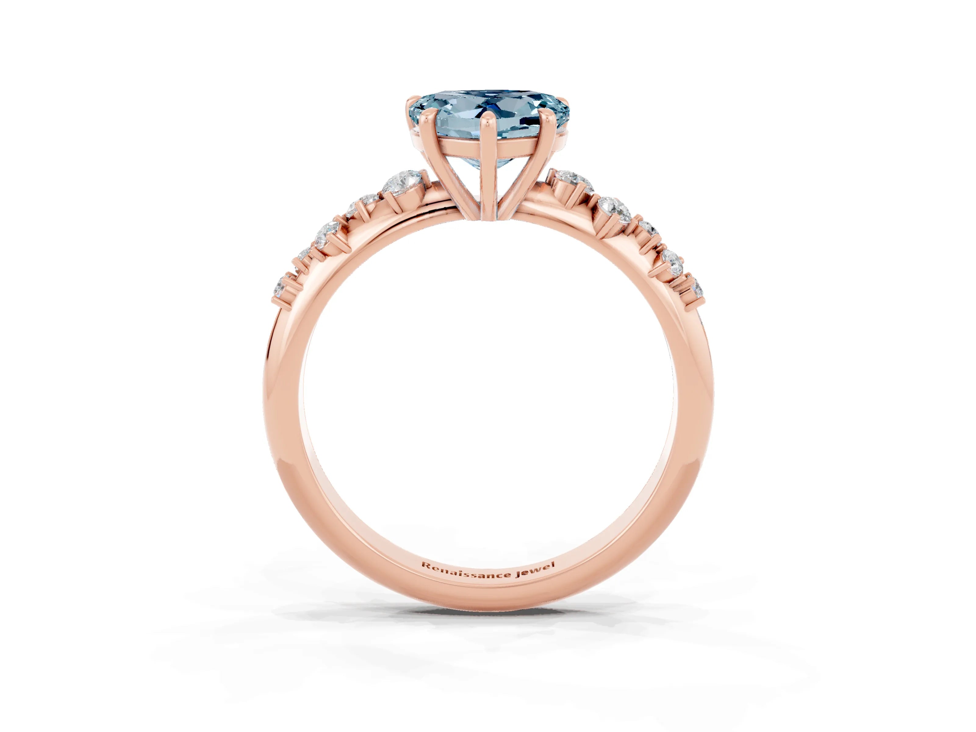 Rose gold Heart Cut Aquamarine Cluster Side Stone Solitaire Ring with Prong Setting_27