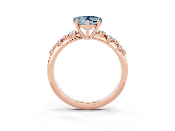 Rose gold Heart Cut Aquamarine Cluster Side Stone Solitaire Ring with Prong Setting