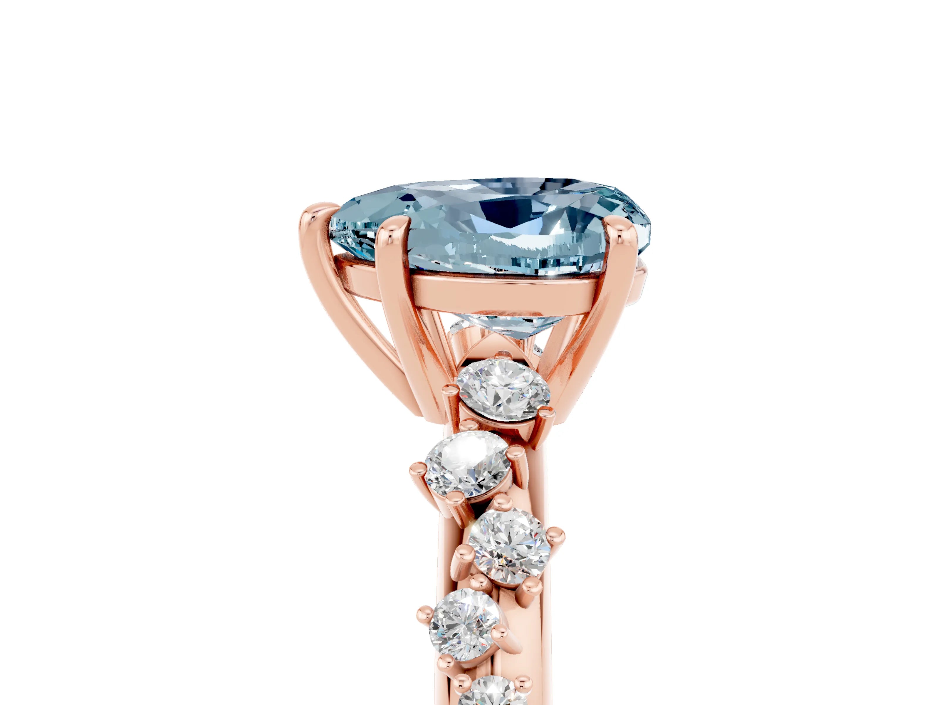 Rose gold Heart Cut Aquamarine Cluster Side Stone Solitaire Ring with Prong Setting_29