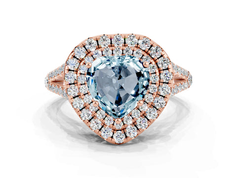 Rose gold Heart Cut Aquamarine Double Halo Ring with Pavé Band and Prong Setting_12