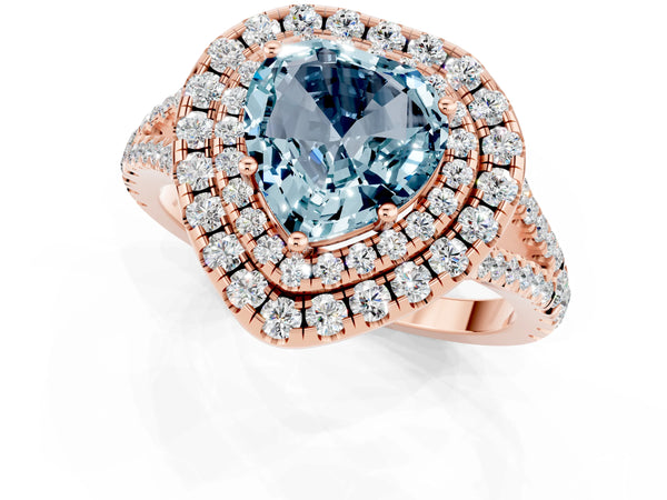 Rose gold Heart Cut Aquamarine Double Halo Ring with Pavé Band and Prong Setting