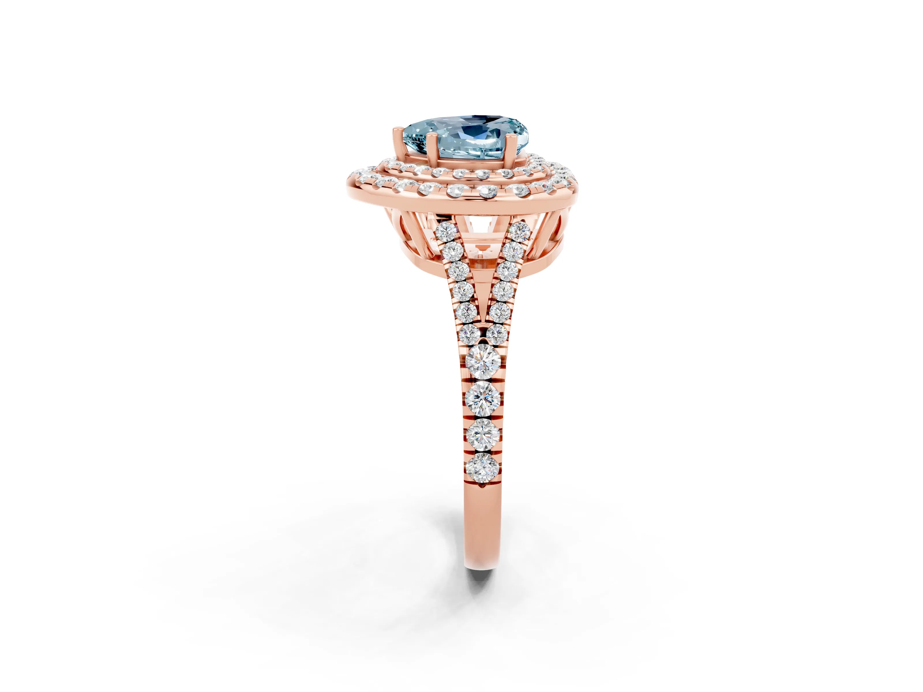Rose gold Heart Cut Aquamarine Double Halo Ring with Pavé Band and Prong Setting_14