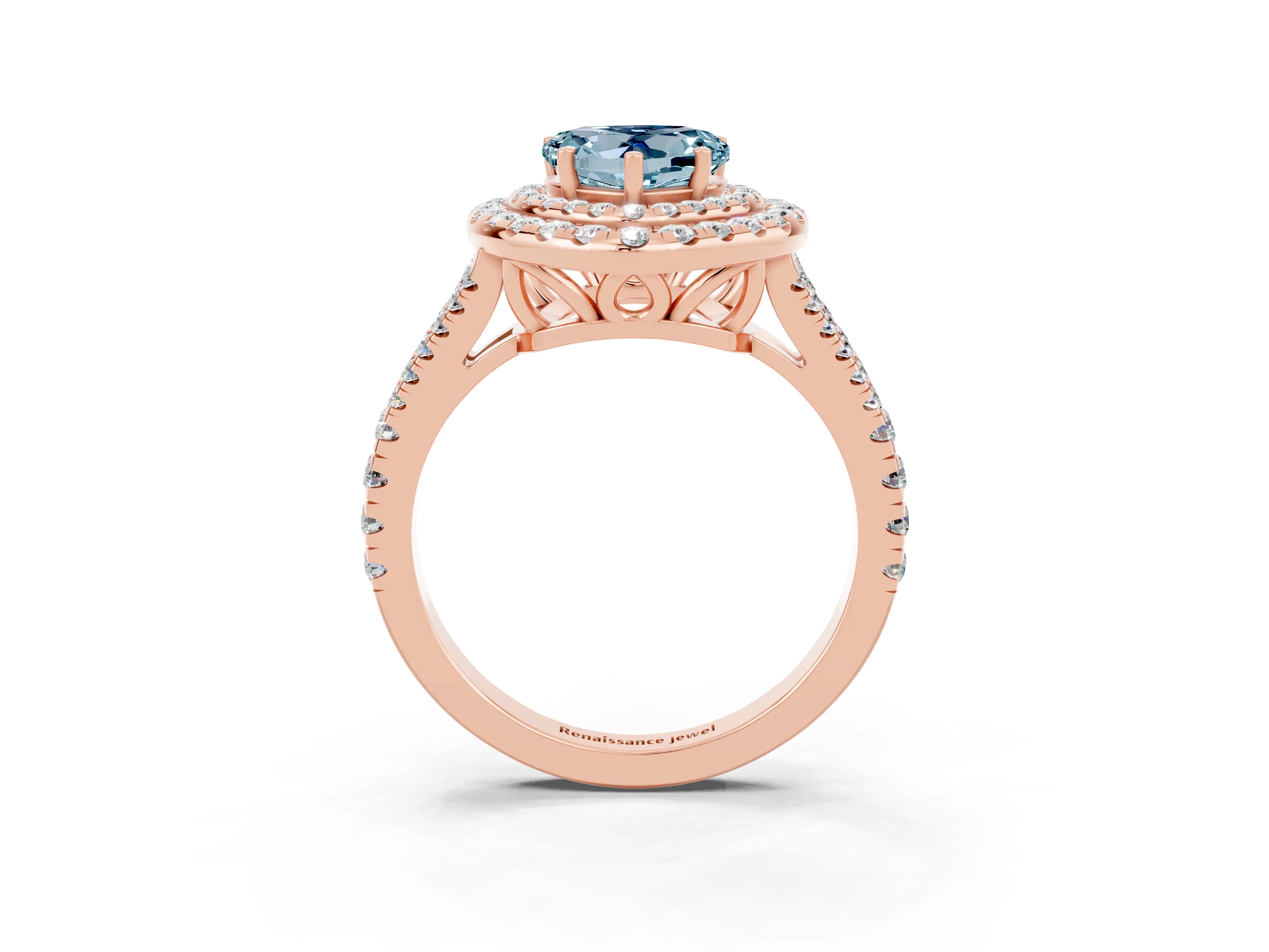 Rose gold Heart Cut Aquamarine Double Halo Ring with Pavé Band and Prong Setting_15