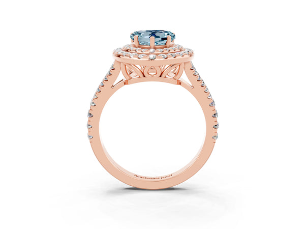 Rose gold Heart Cut Aquamarine Double Halo Ring with Pavé Band and Prong Setting