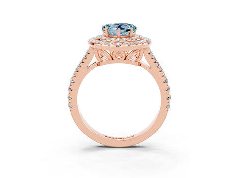 Rose gold Heart Cut Aquamarine Double Halo Ring with Pavé Band and Prong Setting_15