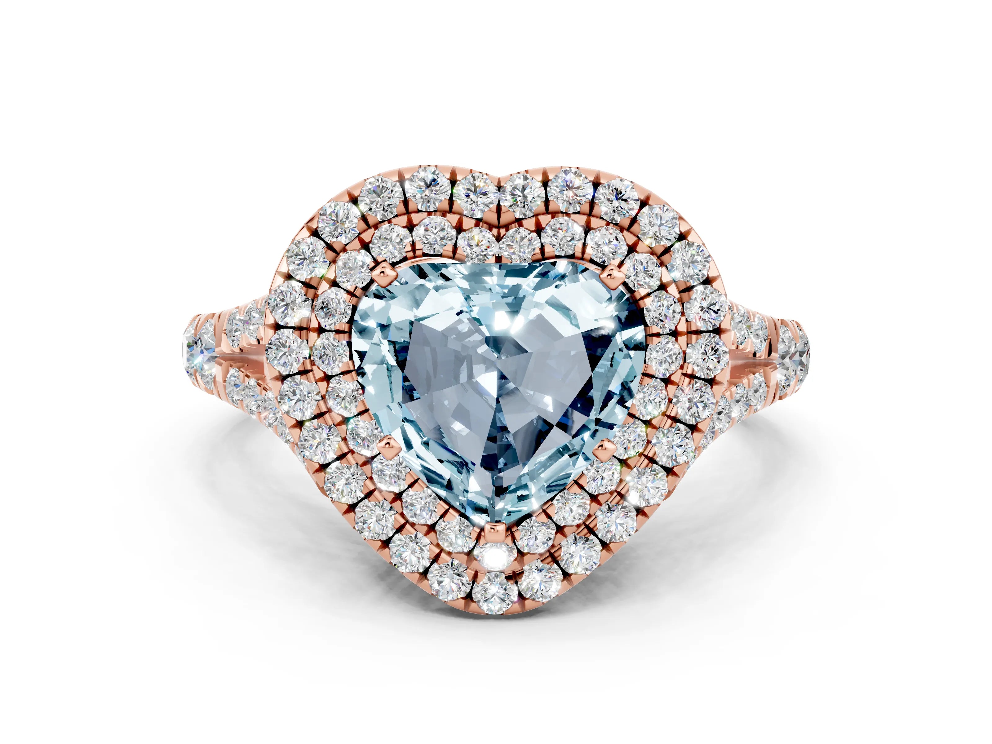 Rose gold Heart Cut Aquamarine Double Halo Ring with Split Shank and Prong Setting_12