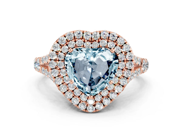 Rose gold Heart Cut Aquamarine Double Halo Ring with Split Shank and Prong Setting