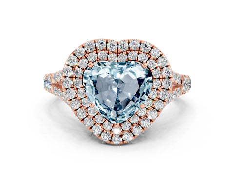 Rose gold Heart Cut Aquamarine Double Halo Ring with Split Shank and Prong Setting_12