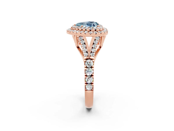Rose gold Heart Cut Aquamarine Double Halo Ring with Split Shank and Prong Setting