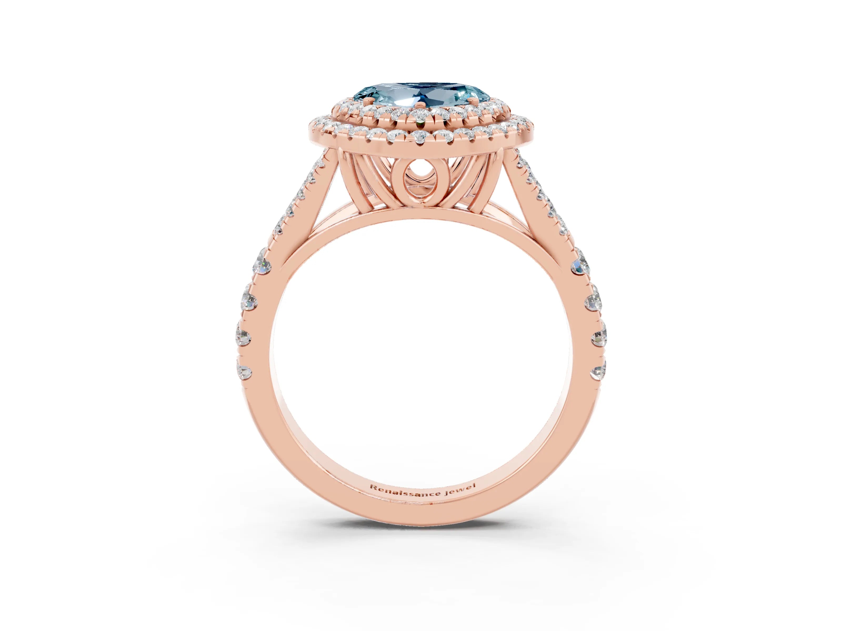 Rose gold Heart Cut Aquamarine Double Halo Ring with Split Shank and Prong Setting_15