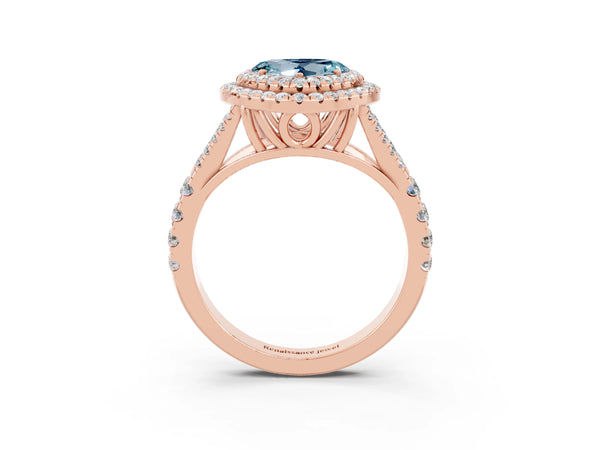 Rose gold Heart Cut Aquamarine Double Halo Ring with Split Shank and Prong Setting