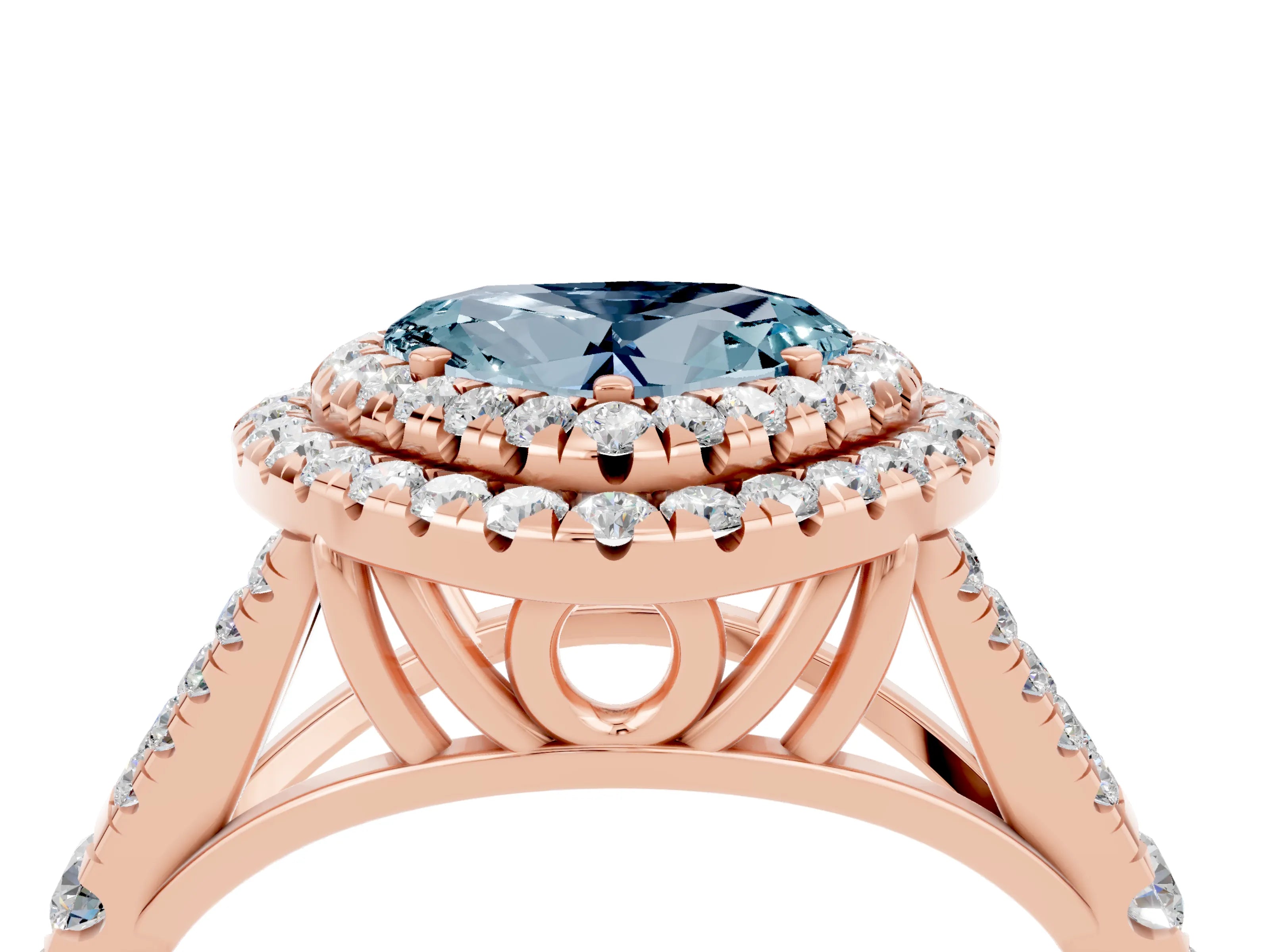Rose gold Heart Cut Aquamarine Double Halo Ring with Split Shank and Prong Setting_16