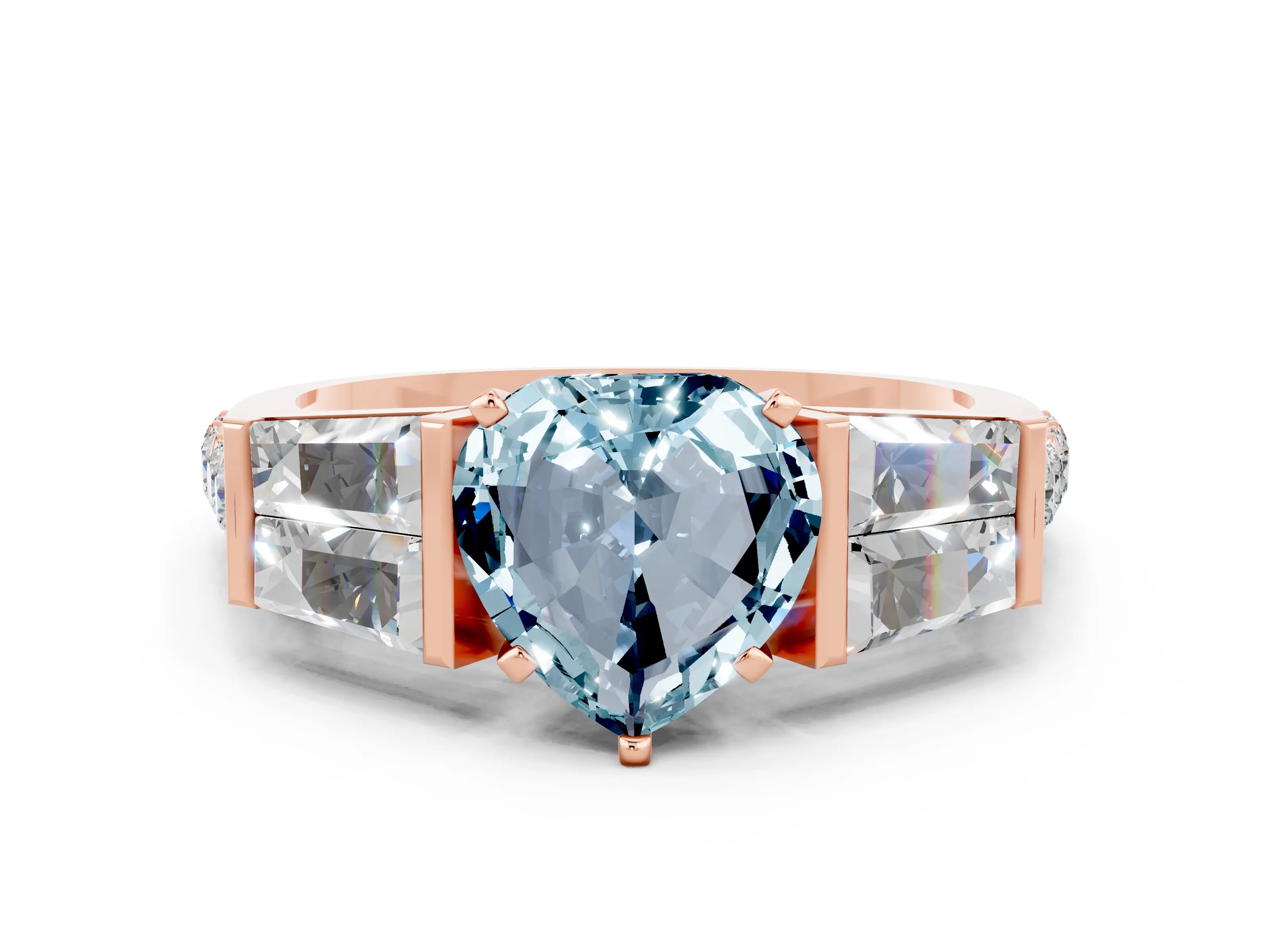 Rose gold Heart Cut Aquamarine Engagement Ring with Baguette Side Stones and Channel Set Band