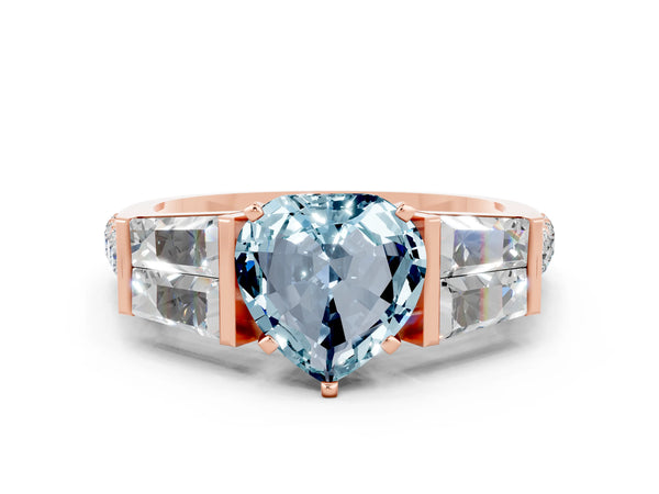 Rose gold Heart Cut Aquamarine Engagement Ring with Baguette Side Stones and Channel Set Band