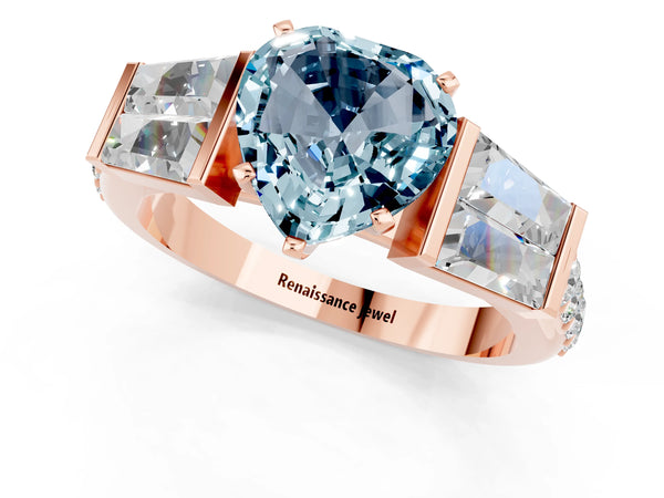Rose gold Heart Cut Aquamarine Engagement Ring with Baguette Side Stones and Channel Set Band