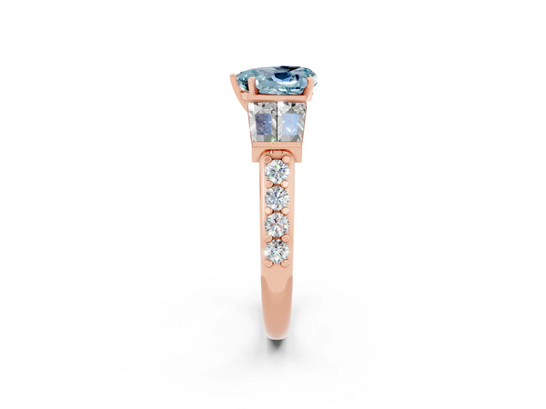 Rose gold Heart Cut Aquamarine Engagement Ring with Baguette Side Stones and Channel Set Band