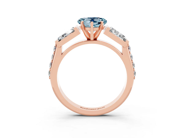 Rose gold Heart Cut Aquamarine Engagement Ring with Baguette Side Stones and Channel Set Band