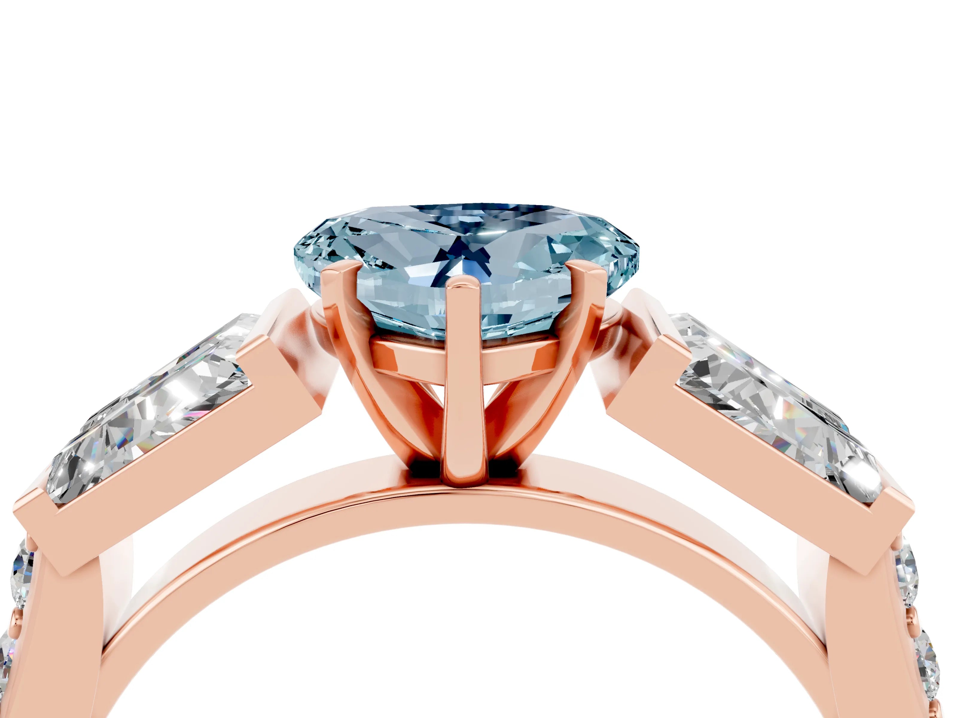 Rose gold Heart Cut Aquamarine Engagement Ring with Baguette Side Stones and Channel Set Band_4