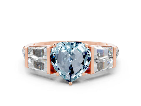 Rose gold Heart Cut Aquamarine Engagement Ring with Baguette Side Stones and Channel Set Band