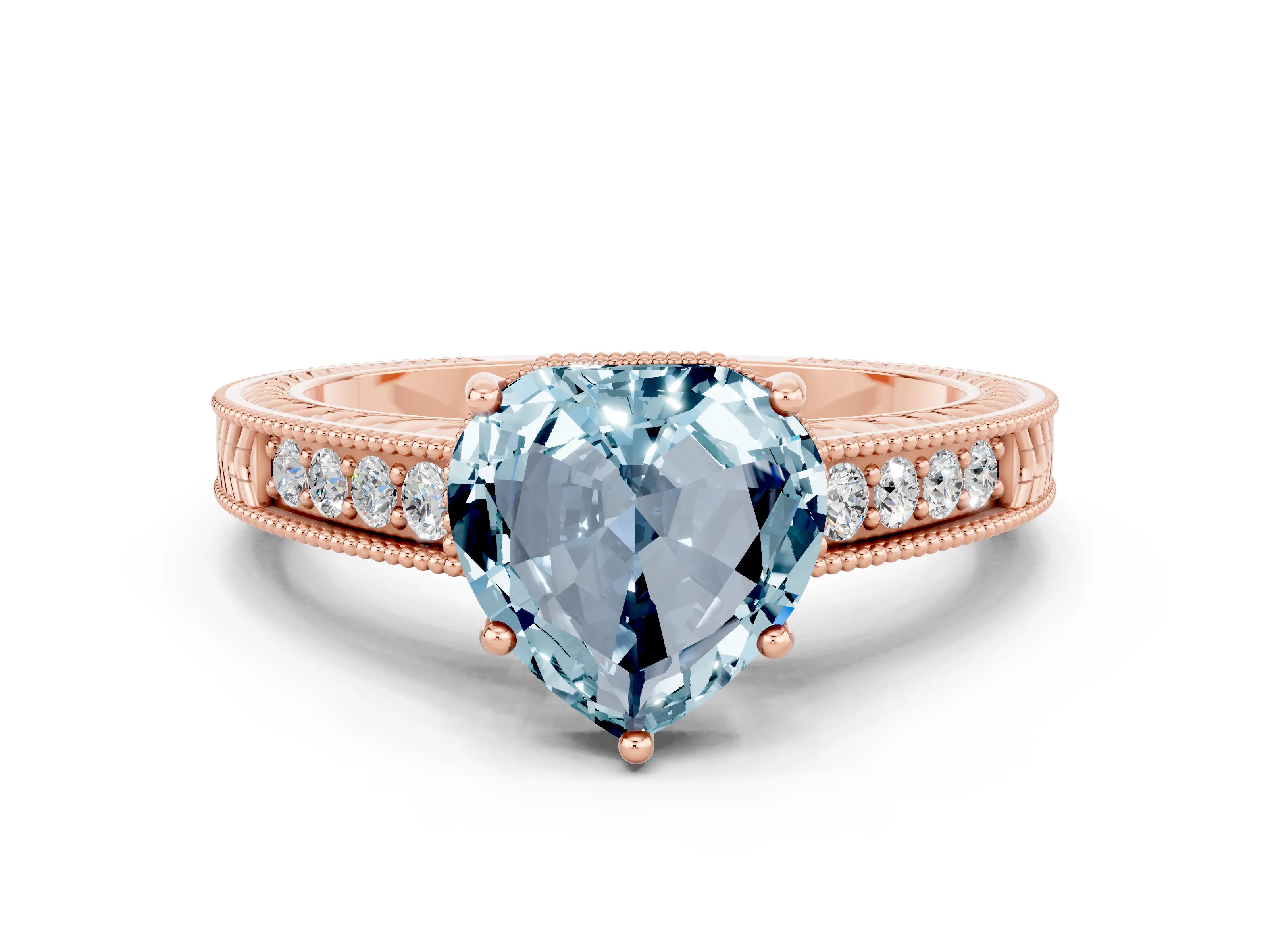 Rose gold Heart Cut Aquamarine Engagement Ring with Milgrain Channel Set Band and Prong Setting