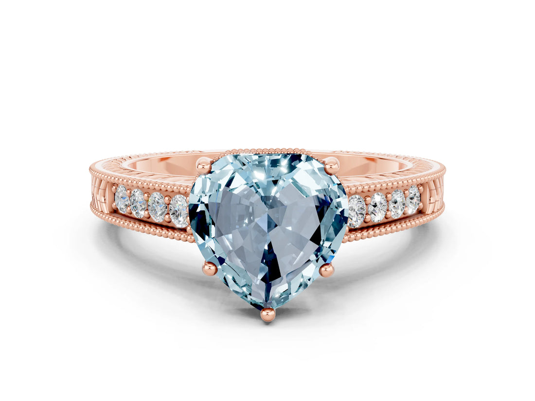 Rose gold Heart Cut Aquamarine Engagement Ring with Milgrain Channel Set Band and Prong Setting