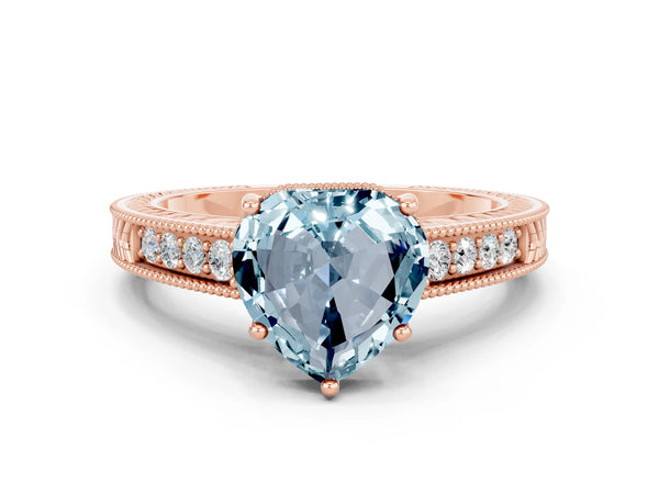 Rose gold Heart Cut Aquamarine Engagement Ring with Milgrain Channel Set Band and Prong Setting