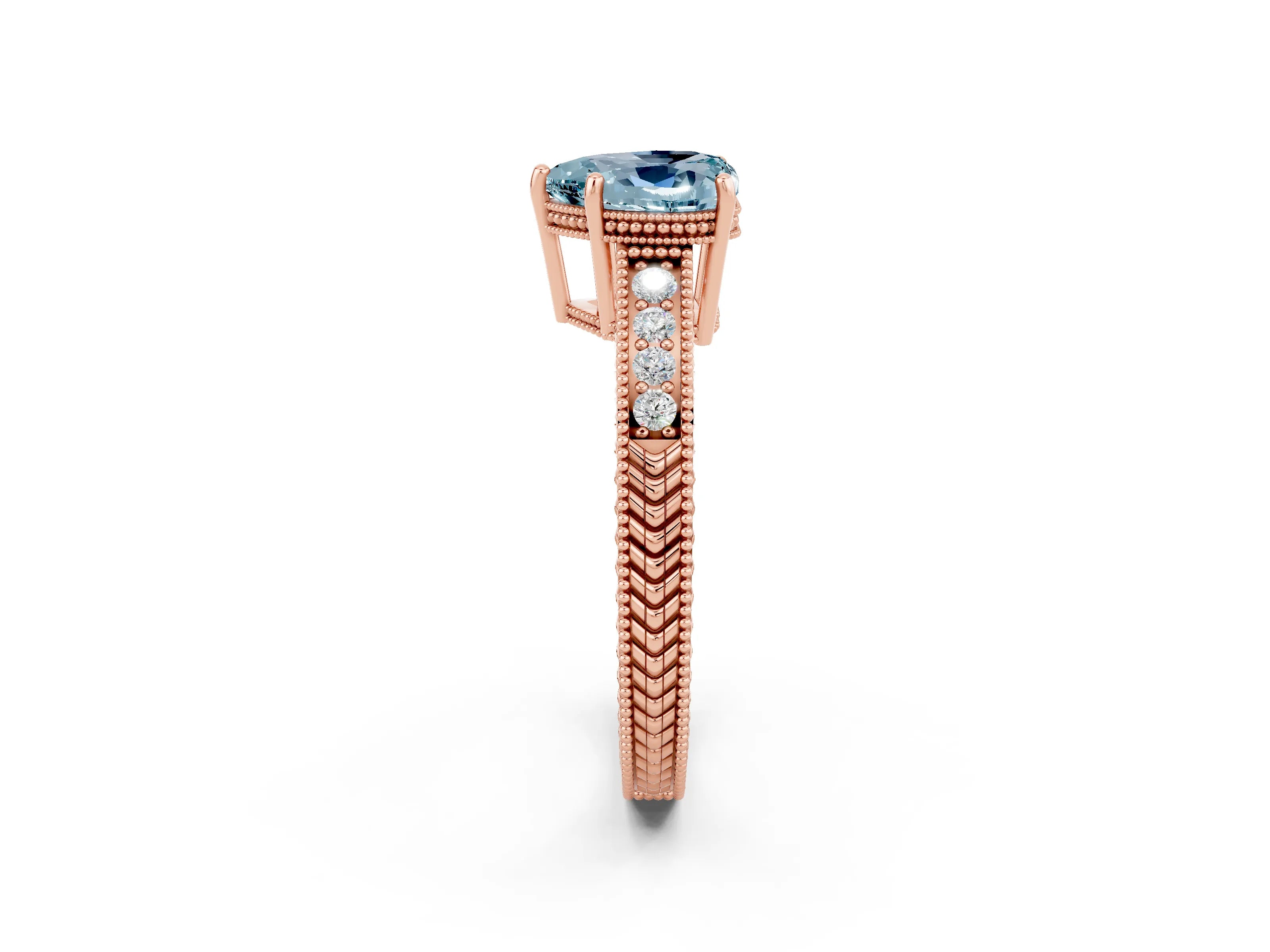 Rose gold Heart Cut Aquamarine Engagement Ring with Milgrain Channel Set Band and Prong Setting_2