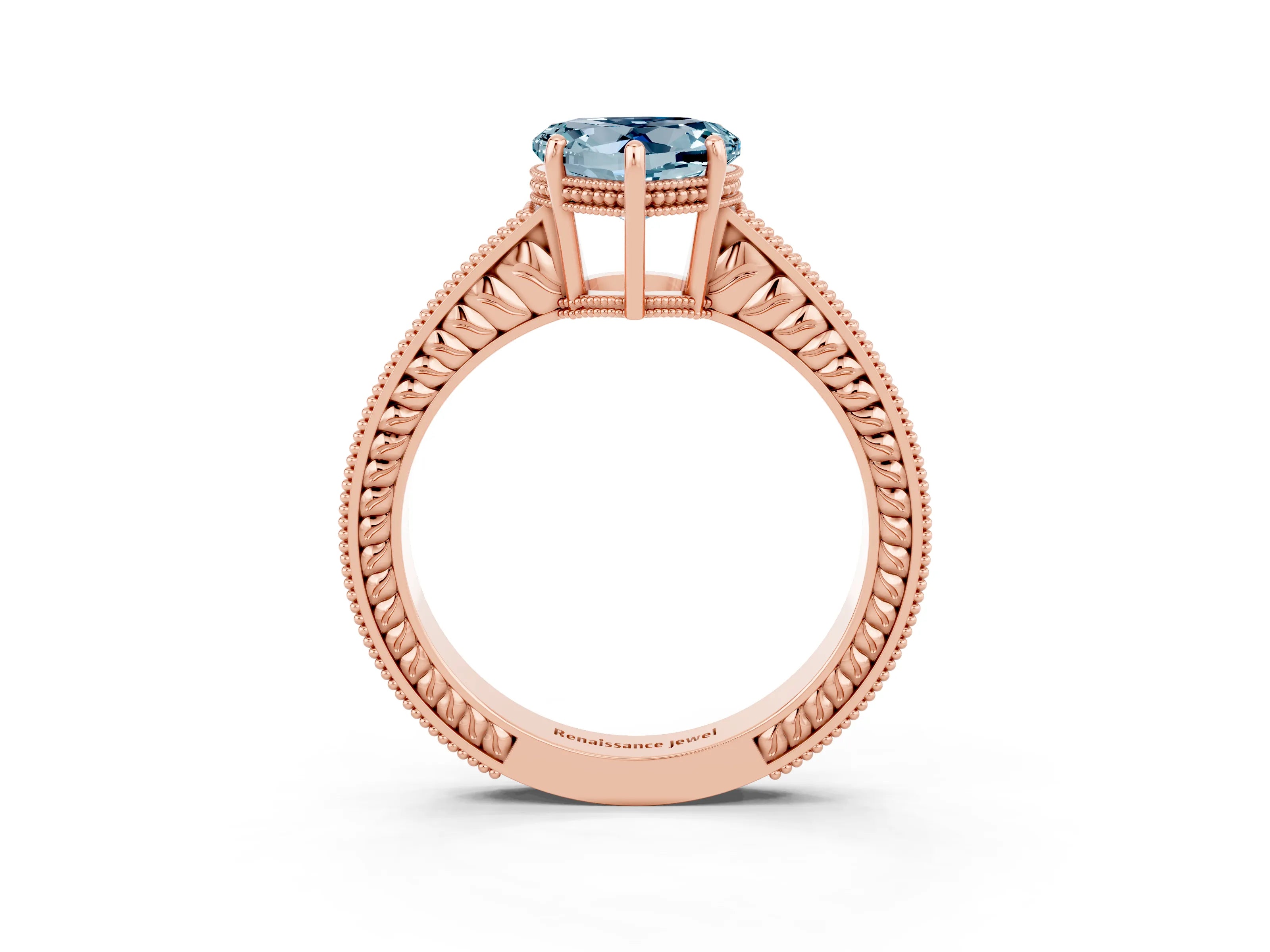 Rose gold Heart Cut Aquamarine Engagement Ring with Milgrain Channel Set Band and Prong Setting_3