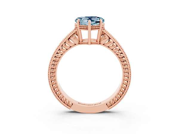 Rose gold Heart Cut Aquamarine Engagement Ring with Milgrain Channel Set Band and Prong Setting