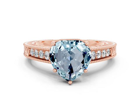 Rose gold Heart Cut Aquamarine Engagement Ring with Milgrain Channel Set Band and Prong Setting