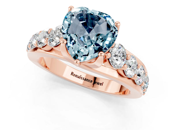 Rose gold Heart Cut Aquamarine Engagement Ring with Pavé Band and Four-Prong Setting