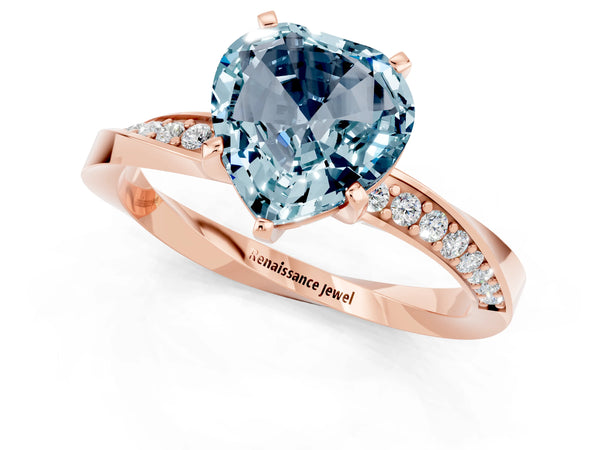 Rose gold Heart Cut Aquamarine Engagement Ring with Side Stone Accents and Four-Prong Setting