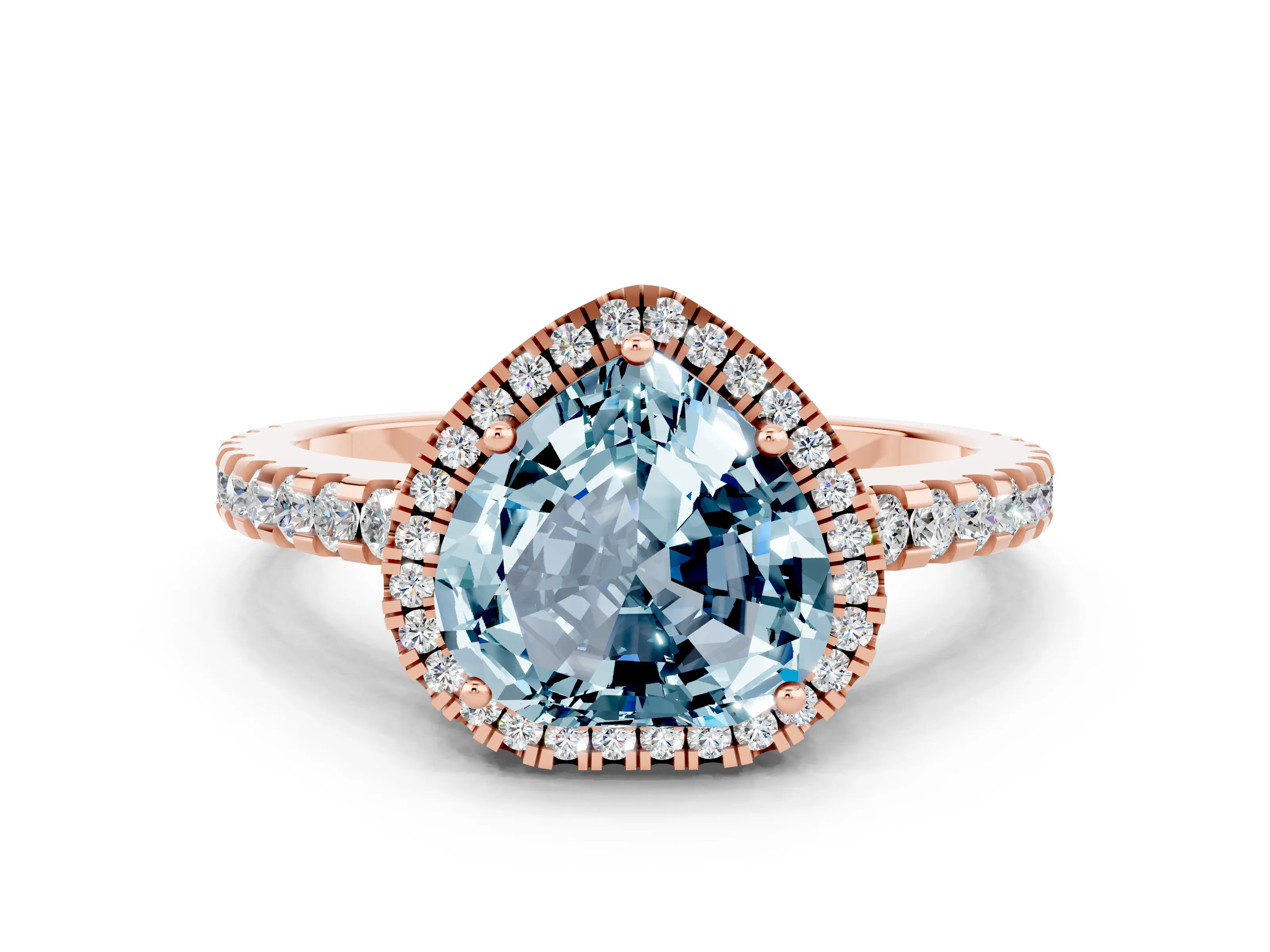 Rose gold Heart Cut Aquamarine Halo Engagement Ring with Pavé Band and Prong Setting_12