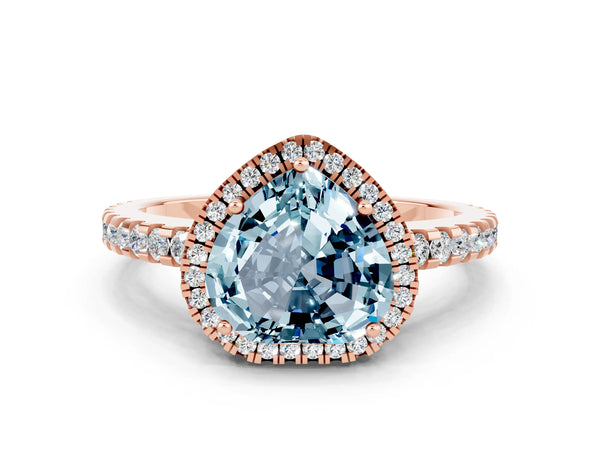 Rose gold Heart Cut Aquamarine Halo Engagement Ring with Pavé Band and Prong Setting
