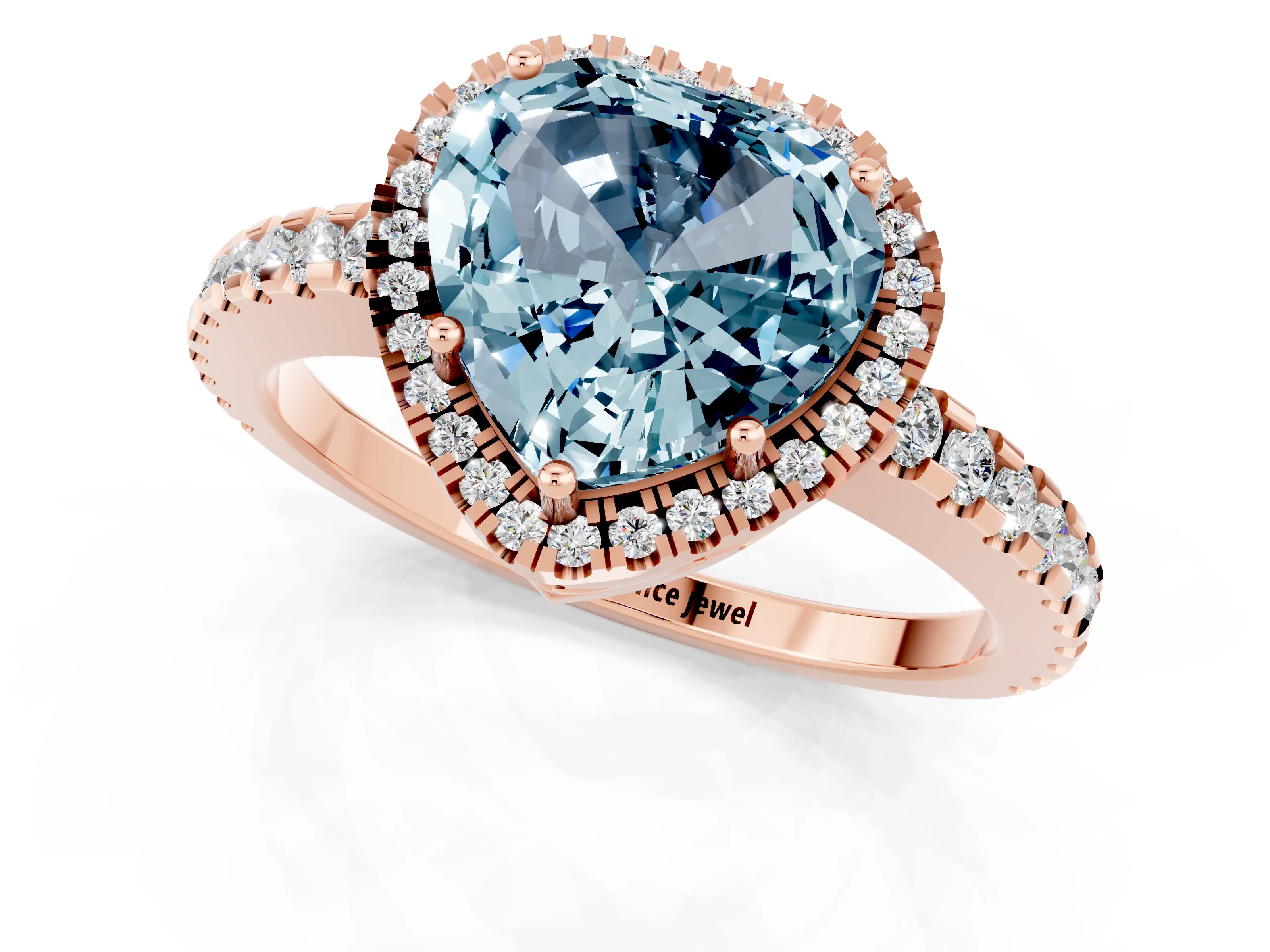 Rose gold Heart Cut Aquamarine Halo Engagement Ring with Pavé Band and Prong Setting_13
