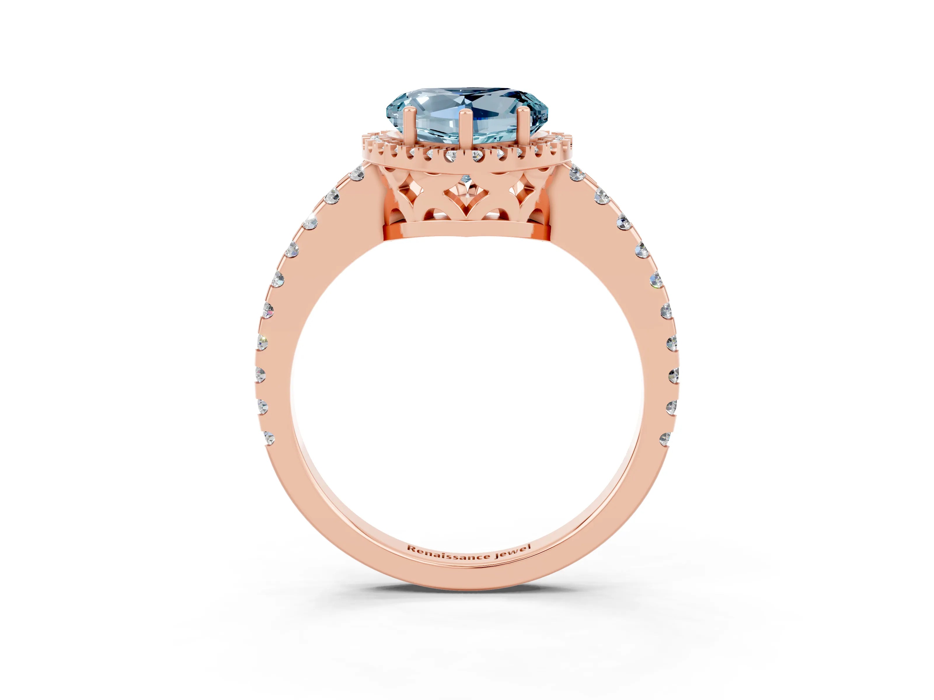 Rose gold Heart Cut Aquamarine Halo Engagement Ring with Pavé Band and Prong Setting_15