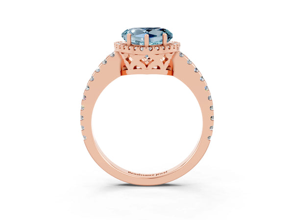 Rose gold Heart Cut Aquamarine Halo Engagement Ring with Pavé Band and Prong Setting