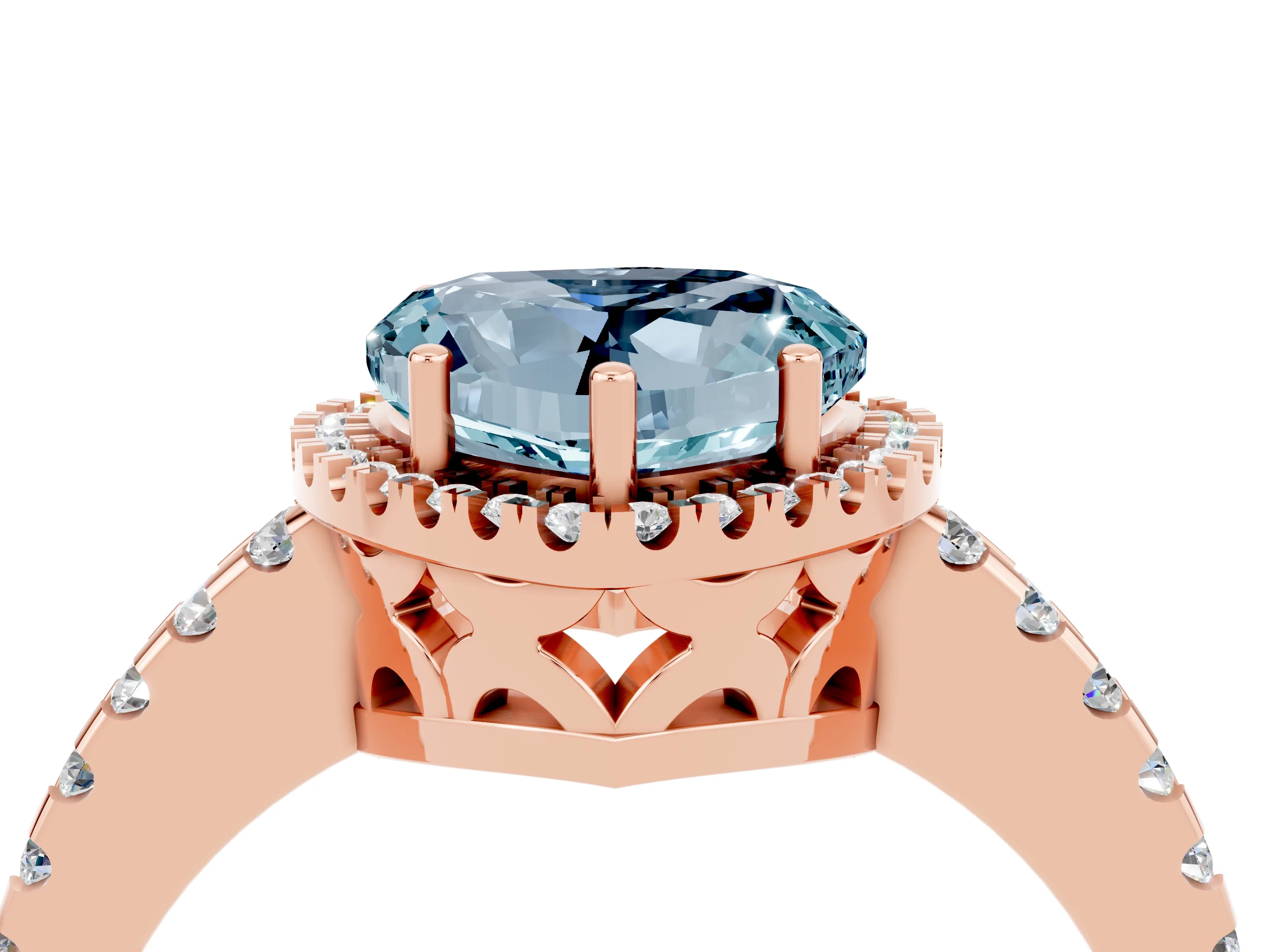 Rose gold Heart Cut Aquamarine Halo Engagement Ring with Pavé Band and Prong Setting_16