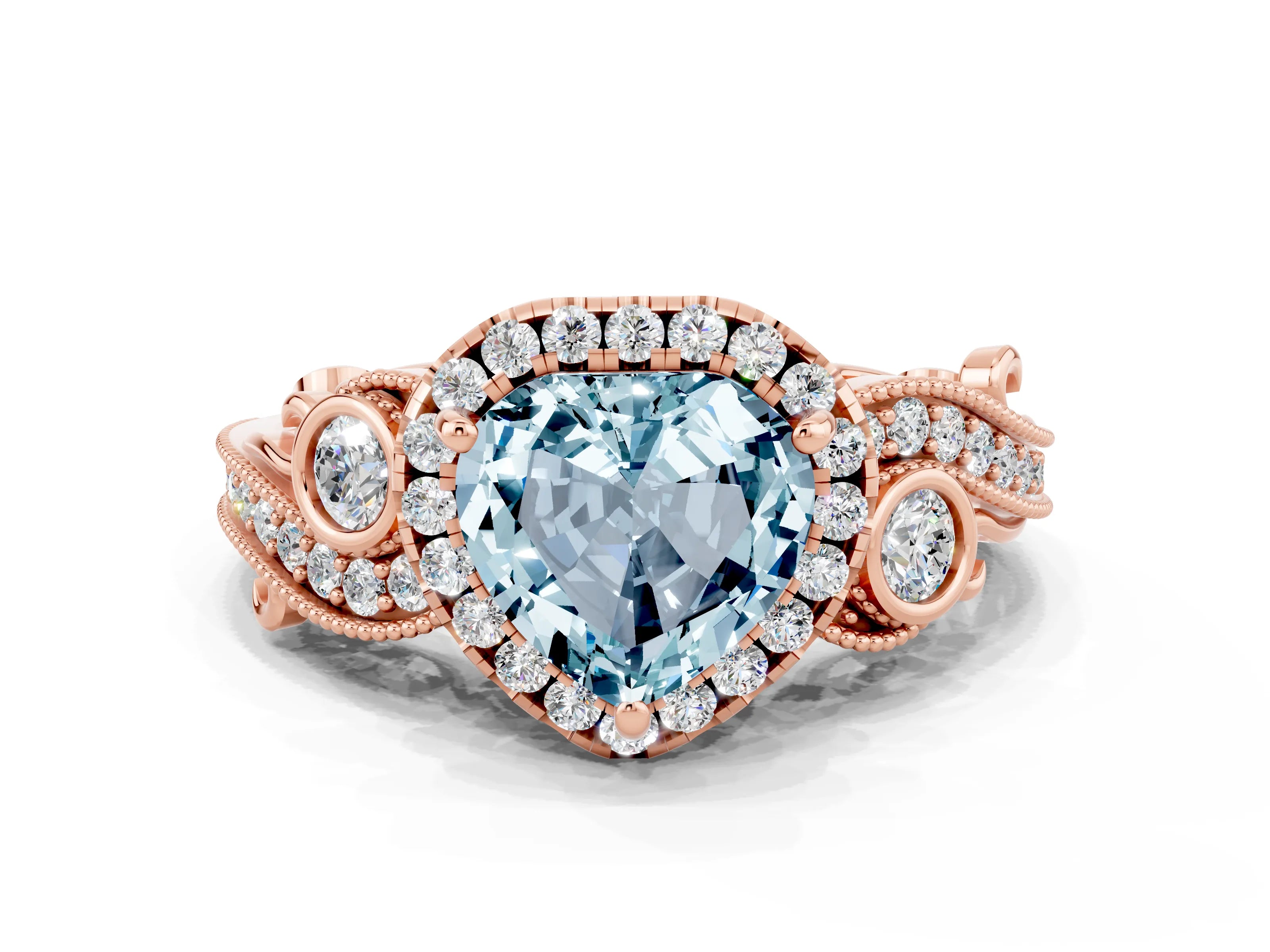 Rose gold Heart Cut Aquamarine Halo Ring with Milgrain Pavé Band and Four-Prong Setting_12