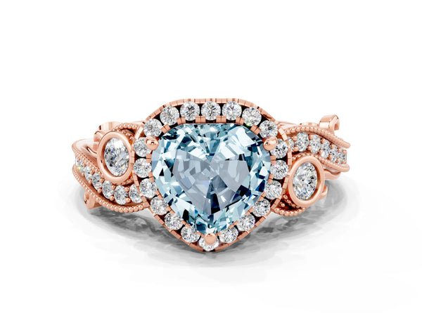 Rose gold Heart Cut Aquamarine Halo Ring with Milgrain Pavé Band and Four-Prong Setting