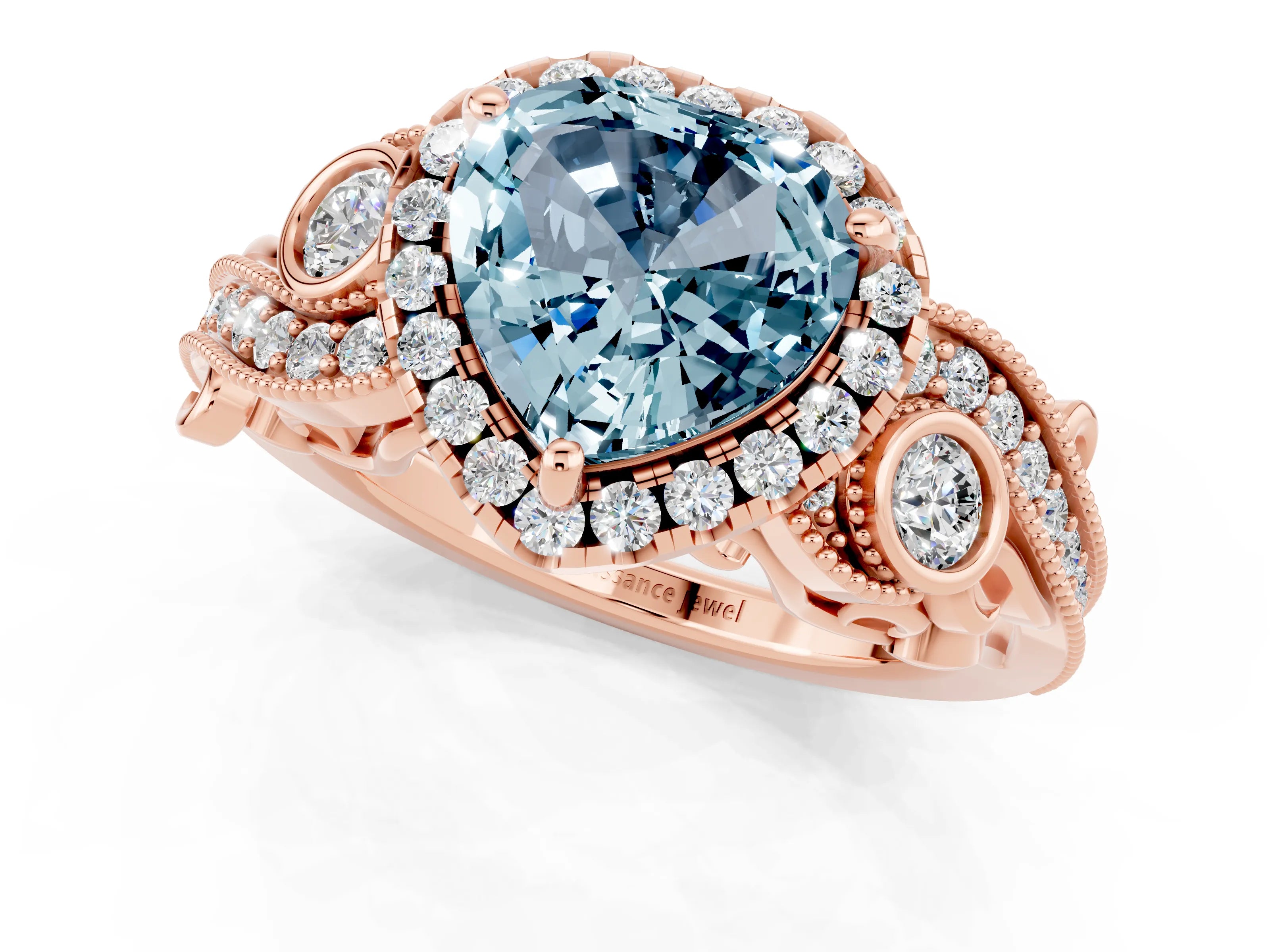 Rose gold Heart Cut Aquamarine Halo Ring with Milgrain Pavé Band and Four-Prong Setting_13