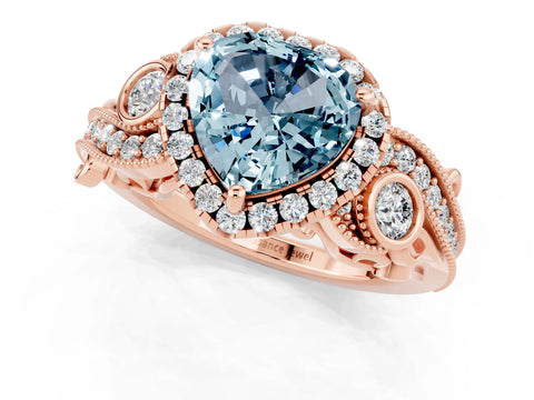 Rose gold Heart Cut Aquamarine Halo Ring with Milgrain Pavé Band and Four-Prong Setting_13