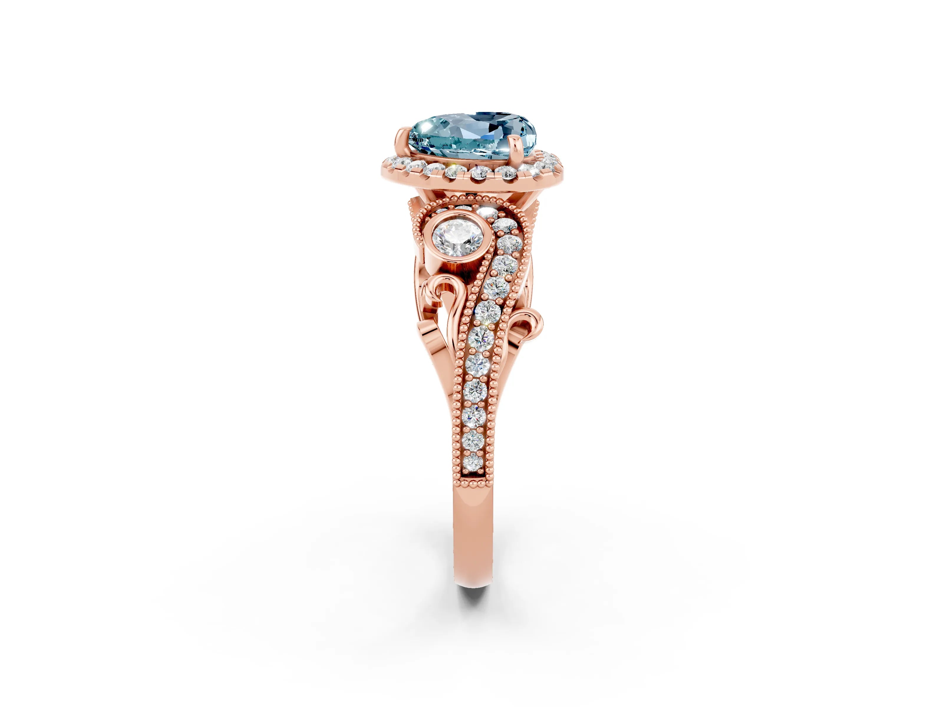 Rose gold Heart Cut Aquamarine Halo Ring with Milgrain Pavé Band and Four-Prong Setting_14