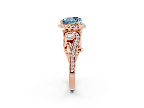 Rose gold Heart Cut Aquamarine Halo Ring with Milgrain Pavé Band and Four-Prong Setting_14