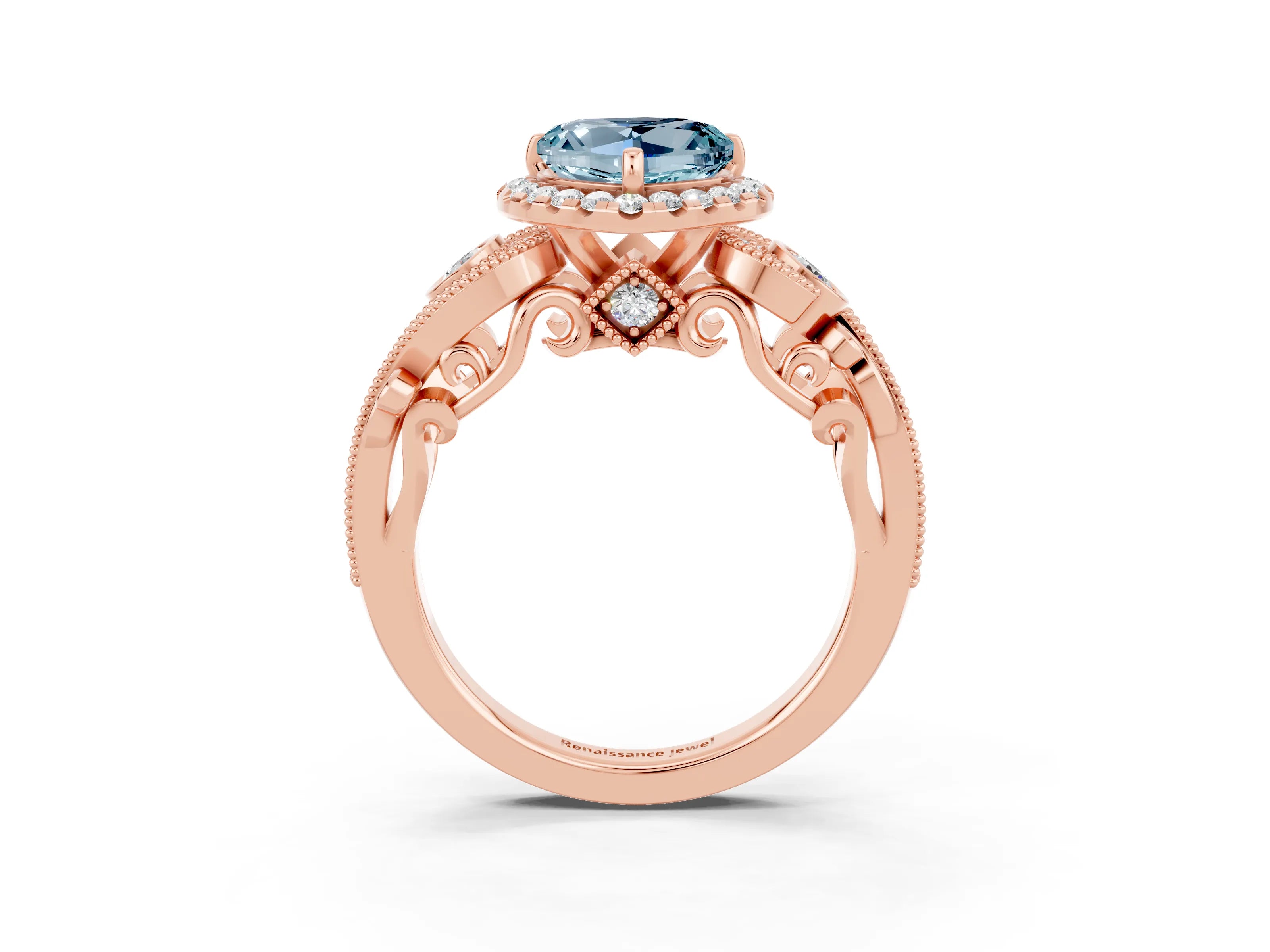 Rose gold Heart Cut Aquamarine Halo Ring with Milgrain Pavé Band and Four-Prong Setting_15