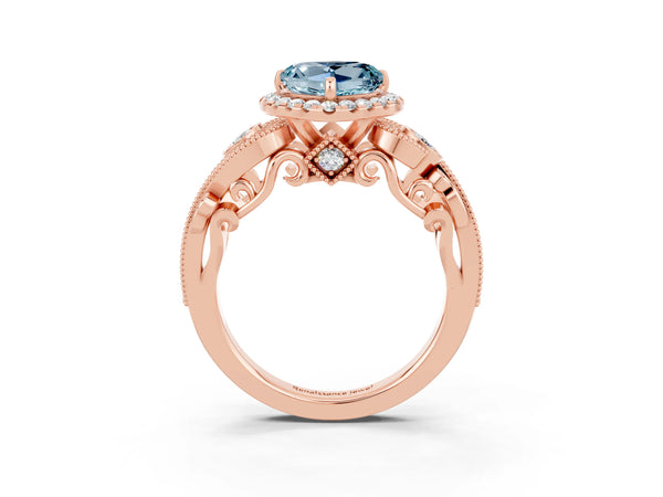Rose gold Heart Cut Aquamarine Halo Ring with Milgrain Pavé Band and Four-Prong Setting