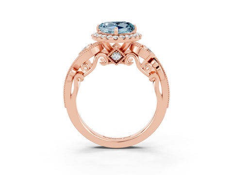 Rose gold Heart Cut Aquamarine Halo Ring with Milgrain Pavé Band and Four-Prong Setting_15