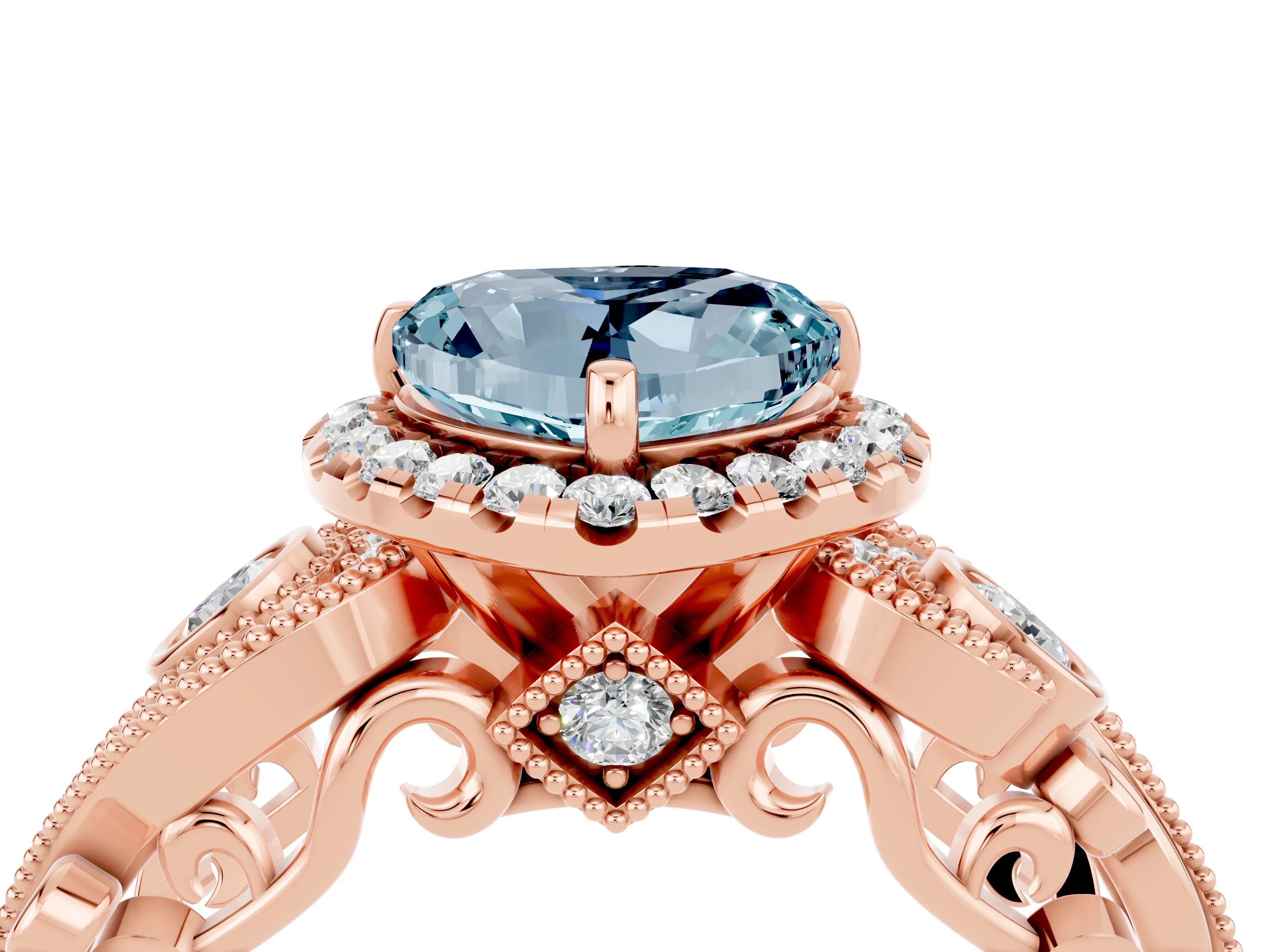 Rose gold Heart Cut Aquamarine Halo Ring with Milgrain Pavé Band and Four-Prong Setting_16