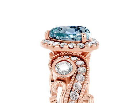 Rose gold Heart Cut Aquamarine Halo Ring with Milgrain Pavé Band and Four-Prong Setting_17