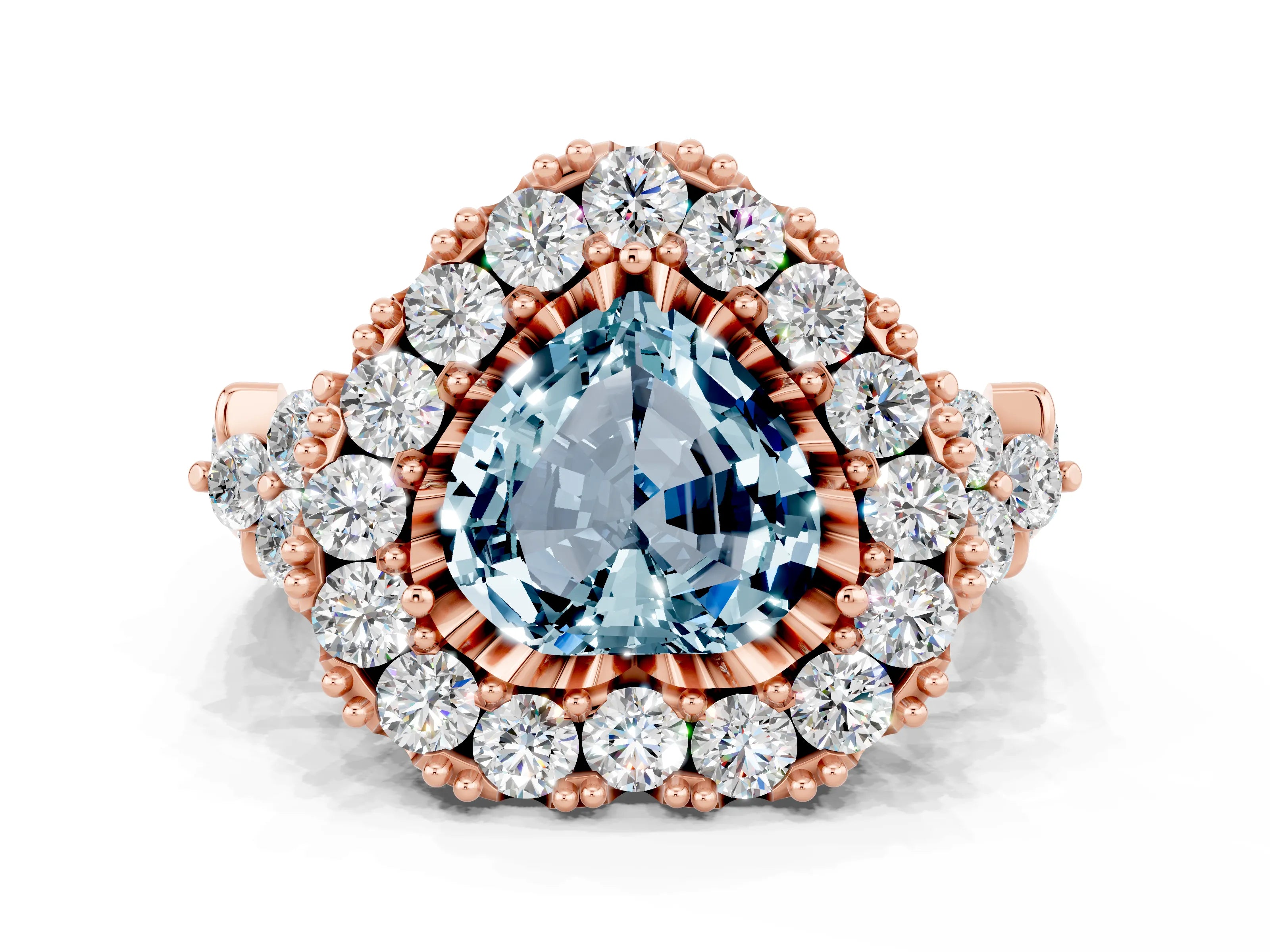 Rose gold Heart Cut Aquamarine Halo Ring with Pavé Band and Four-Prong Setting_12